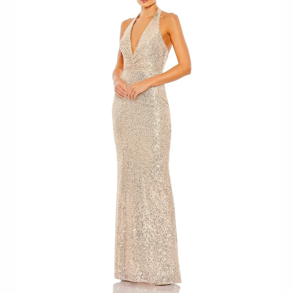 SEQUINED HALTER STRAP PLUNGE NECK GOWN ROSE GOLD SIZE 8